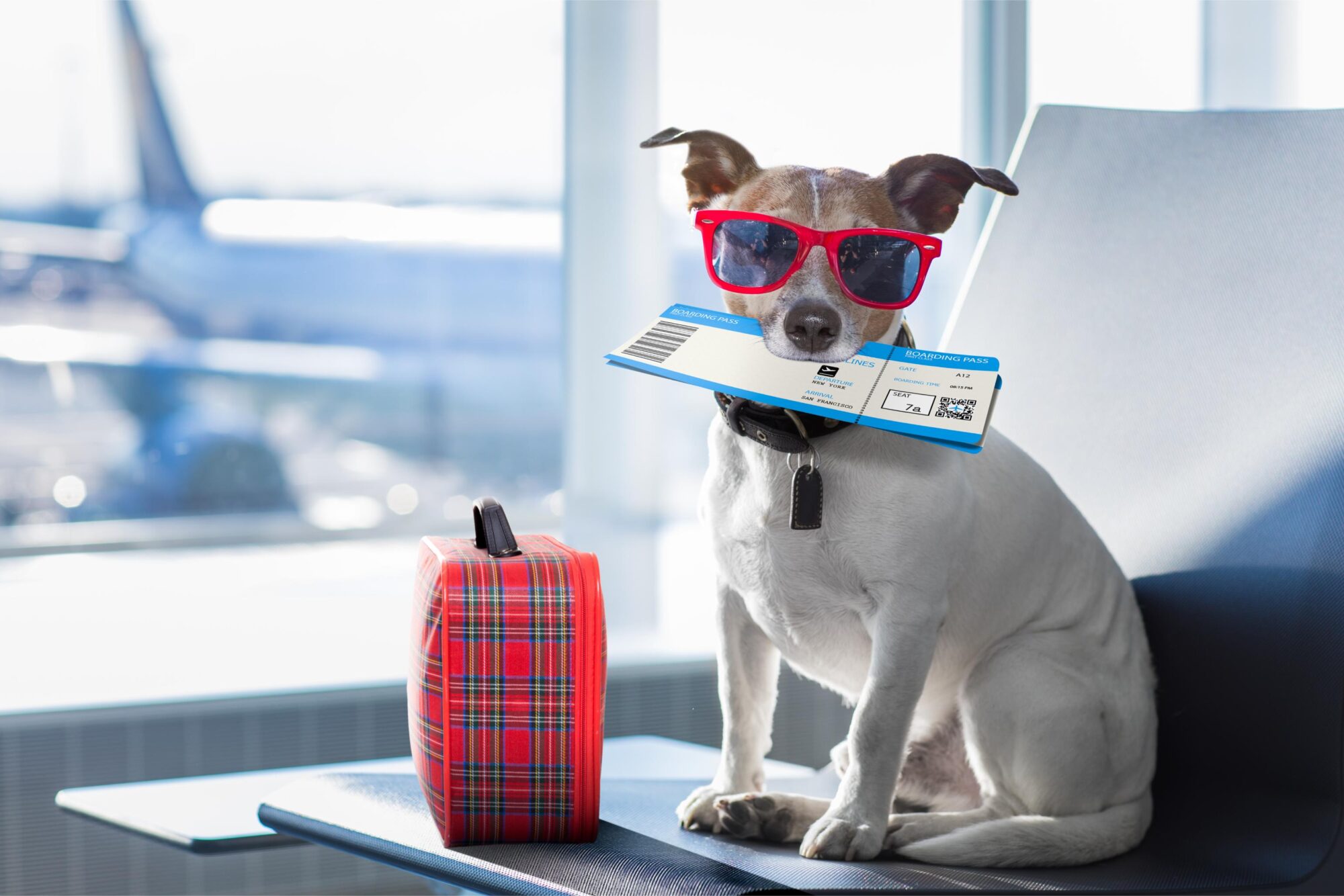 Dog in airport terminal on vacation